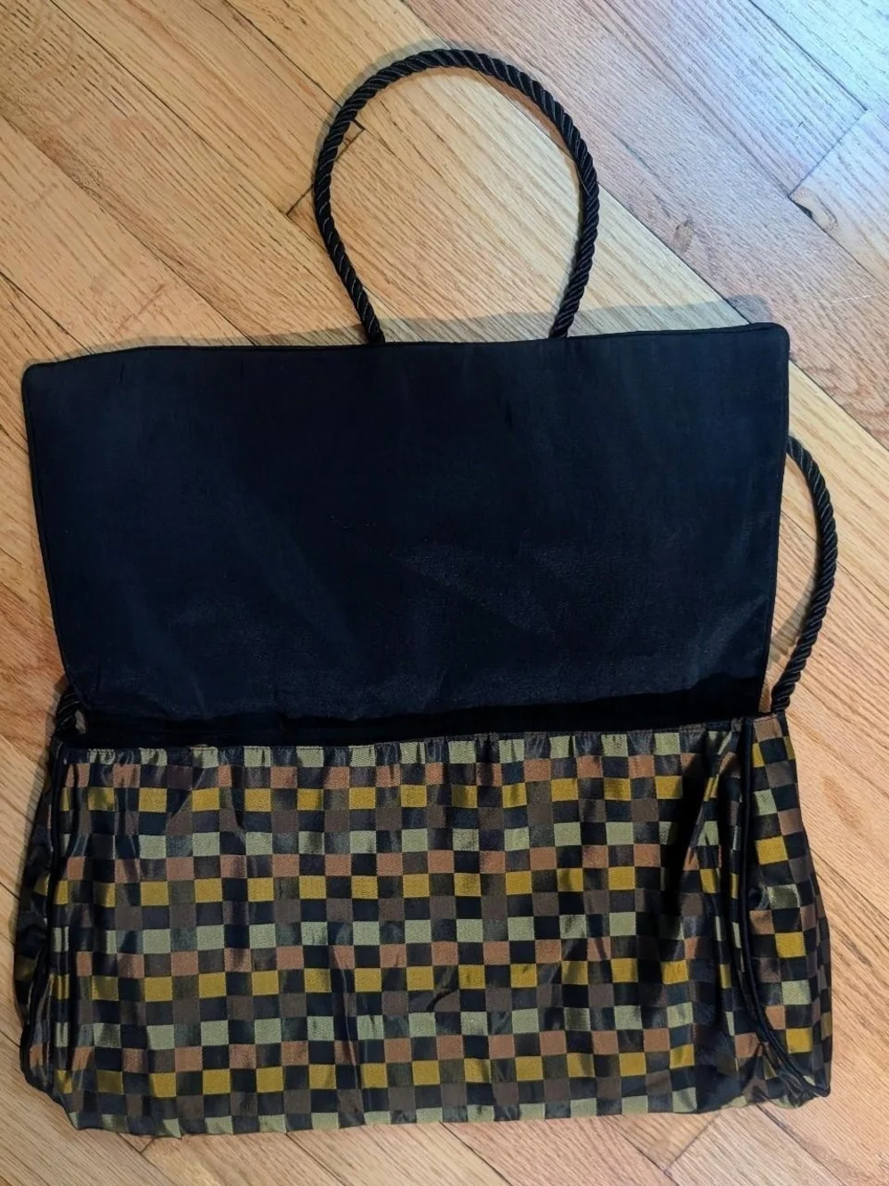 Unique Checkered satin pouch purse with black thread rope